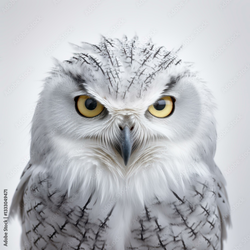 Fototapeta premium A snowy owl features bold, captivating eyes against a clean white background, showcasing its beauty in soft pastel tones.