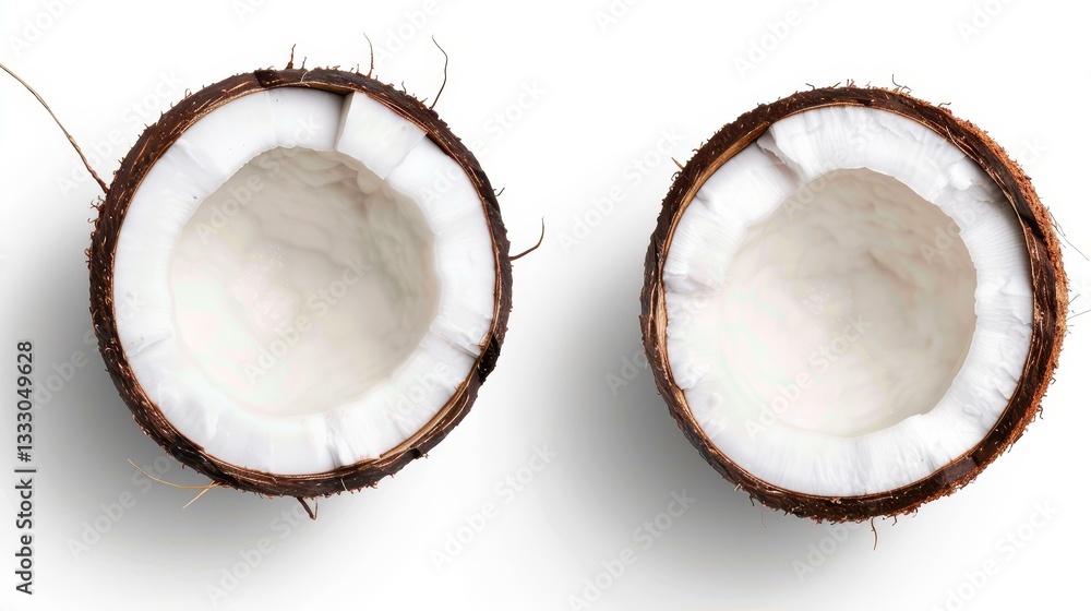 Fresh coconut halves showcasing the creamy flesh and natural texture, perfect for tropicalthemed recipes or decor. Fresh coconut halves showcasing the creamy flesh and natural texture, perfect for tropicalthemed recipes or decor.