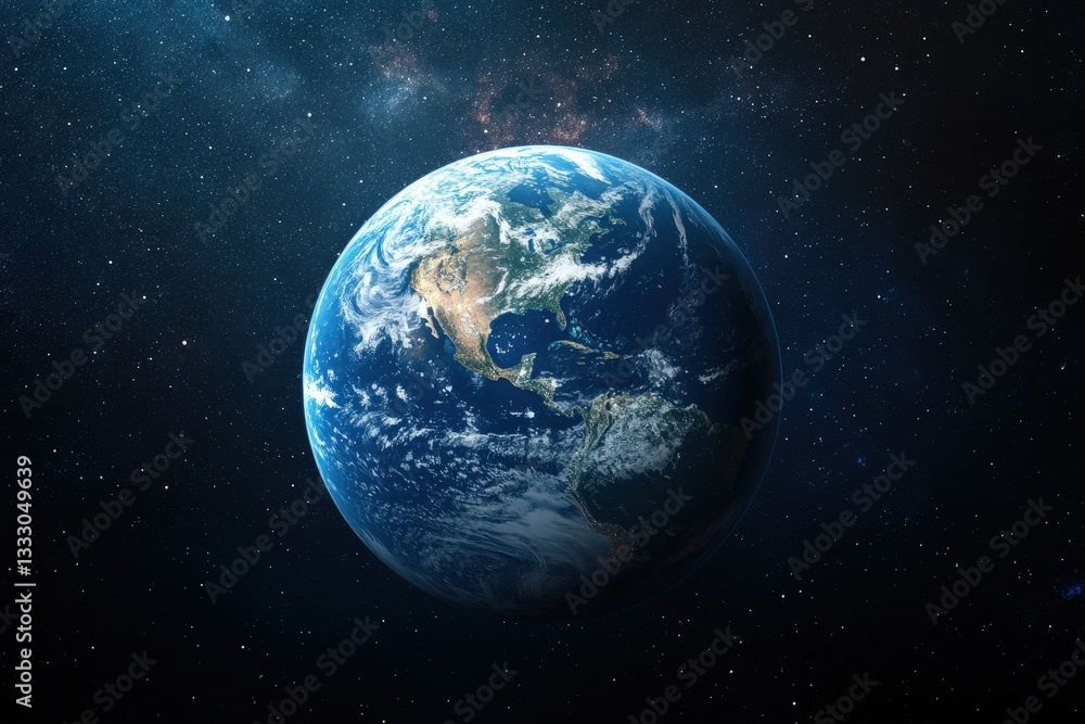 Fototapeta premium A blue and green planet seen against a starry background