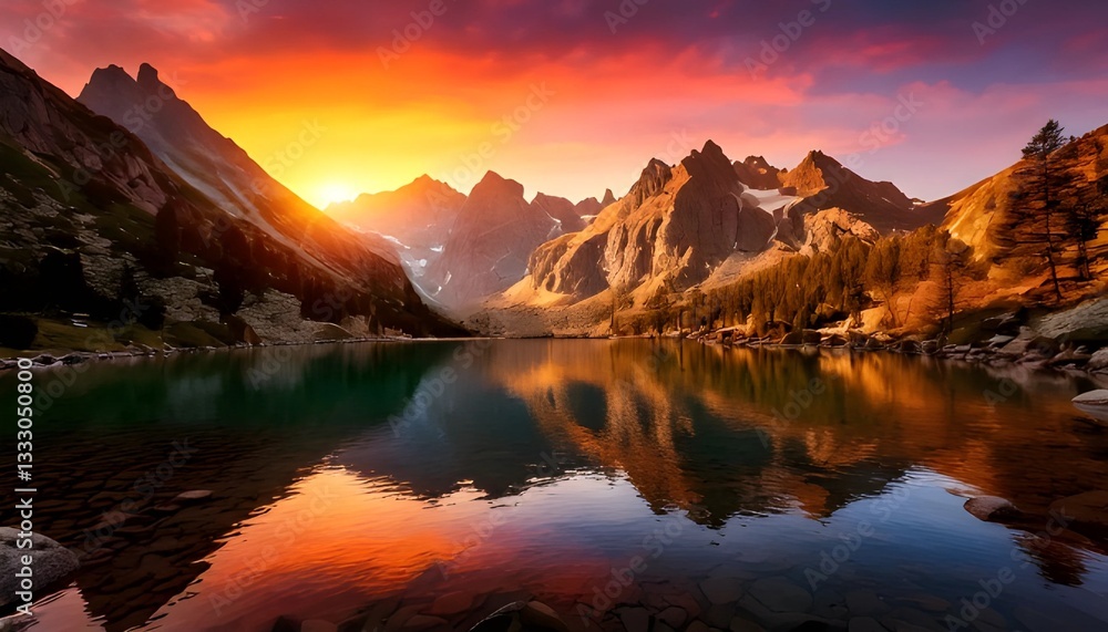 Fototapeta premium Lake Reflecting Mountain Peaks During Sunset with Glowing Sky