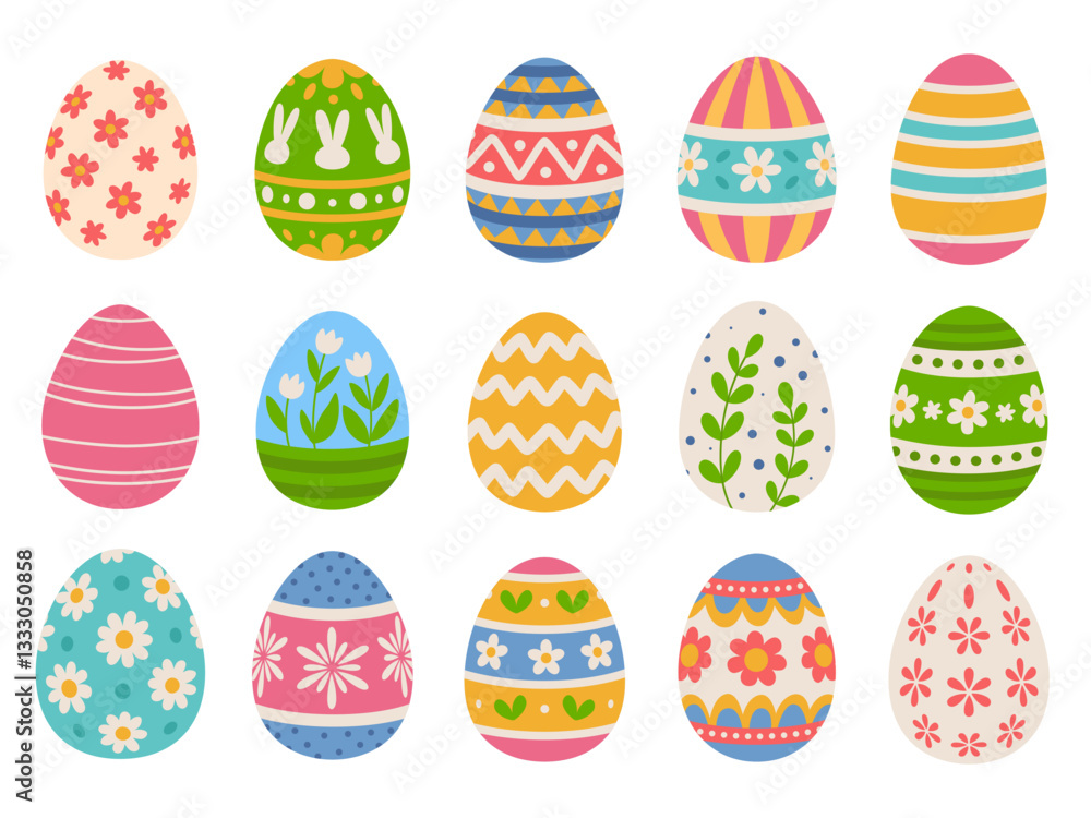 Easter eggs set with floral patterns, stripes and ornaments. White background. Easter eggs set with floral patterns, stripes and ornaments. White background.