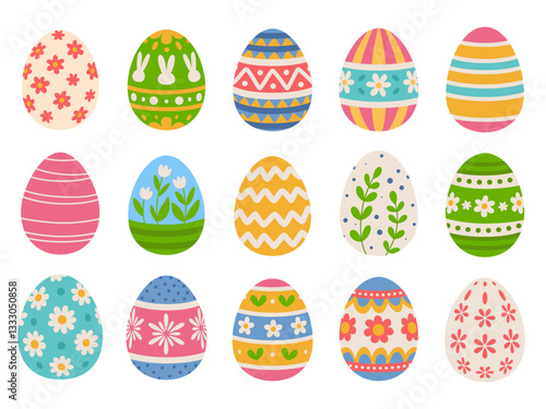 Easter eggs set with floral patterns, stripes and ornaments. White background.