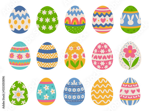 Easter eggs set with ornaments of flowers, hearts and other patterns. Vintage collection. White background.