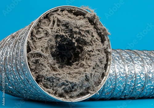 A close-up view of a dirty, flexible aluminum dryer vent duct filled with accumulated lint, dust, and debris against a clean background