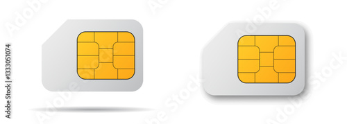 Phone sim card. ID card mockup template. Realistic vector illustration for design. Mobile cellular phone. Sign, symbol, icon or logo isolated on background. EMV gold chip. Concept of technology. Vecto