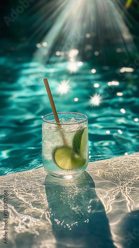 Mojito in glass near the pool on sunny day. Cold summer cocktail. Copy space. 