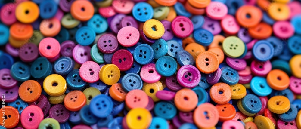 A vibrant collection of assorted buttons stacked closely on a table surface. A vibrant collection of assorted buttons stacked closely on a table surface.