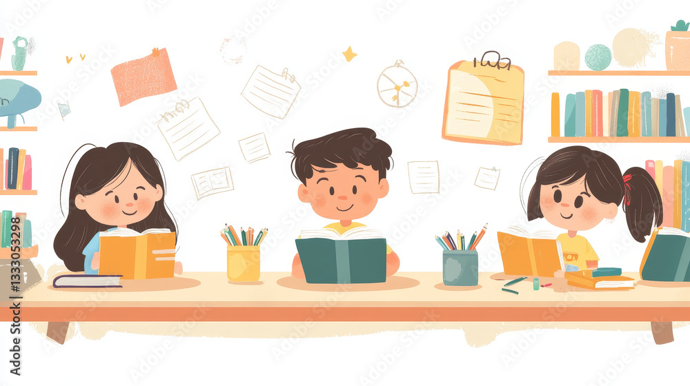 Back to School landing page. Education and study web page, kids read knowledge in book, learning children, vector illustration Back to School landing page. Education and study web page, kids read knowledge in book, learning children, vector illustration