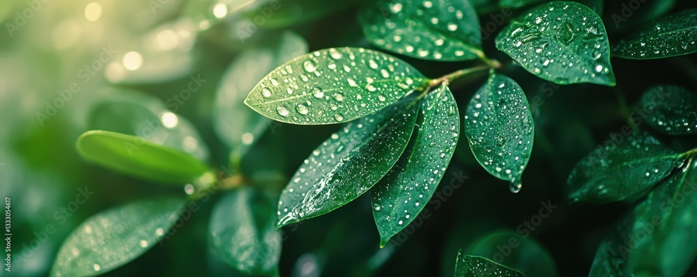 Fototapeta premium Raindrops glisten on lush green leaves, capturing nature's beauty and freshness after a gentle rain.