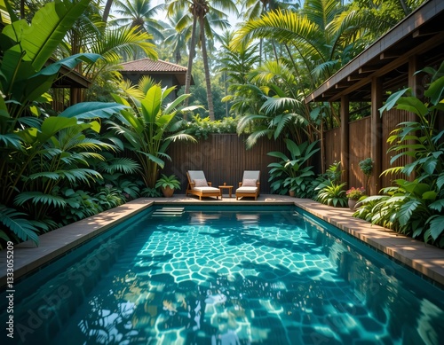 Luxury swimming pools in tropical resorts and hotels offer summer relaxation amidst palm trees and blue water