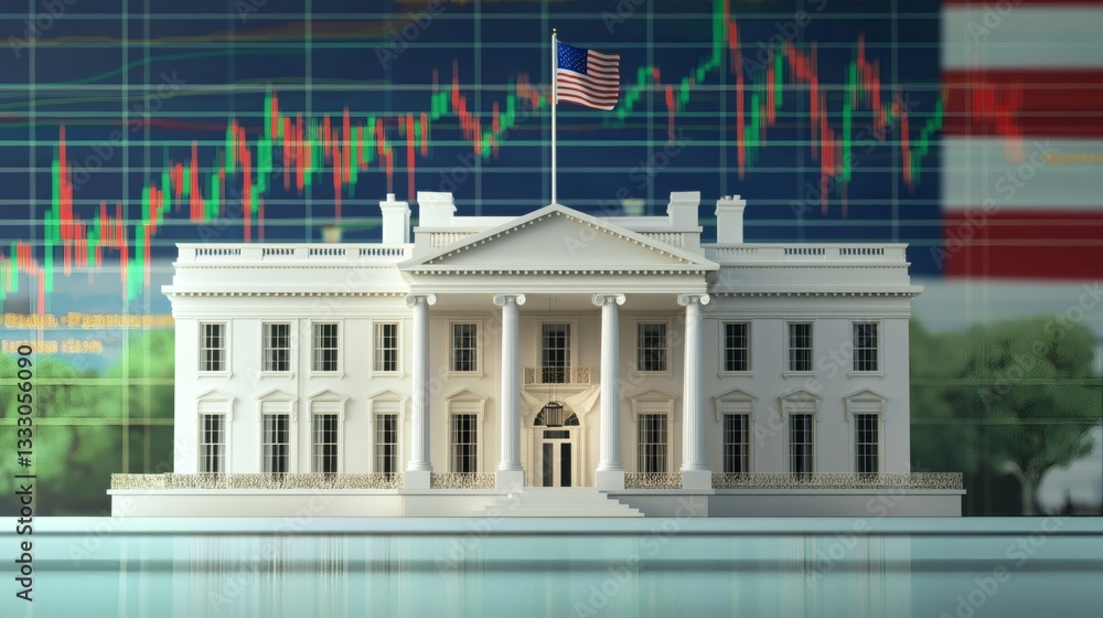 Fototapeta premium A white government building with a flag and financial charts