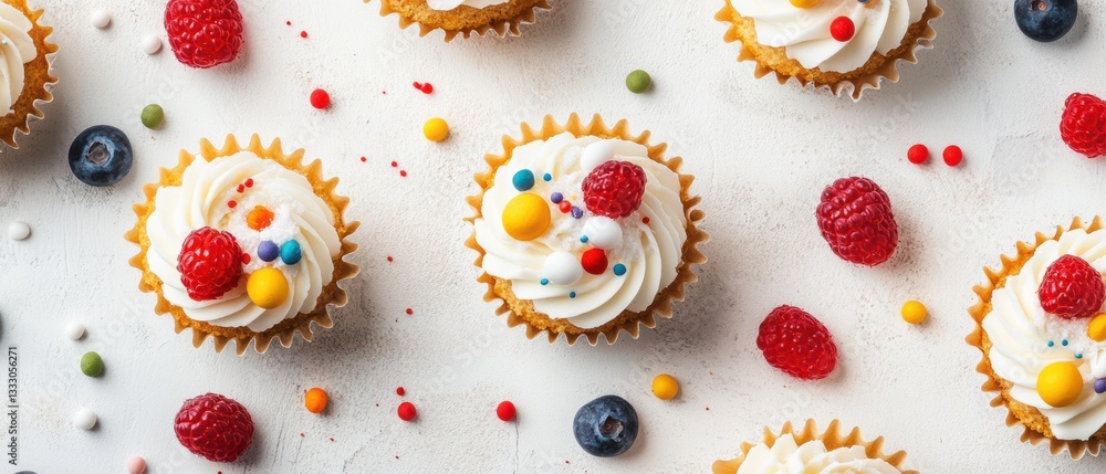 Fototapeta premium A close-up view of a table featuring colorful cupcakes and fresh berries.