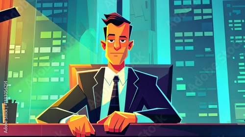 A cartoon businessman in a formal office setting speaks seriously from his desk, exuding professionalism and modernity.
