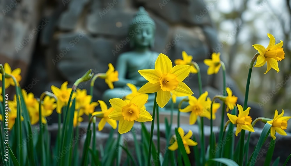 Fototapeta premium Vibrant yellow daffodils in foreground, serene Buddha statue softly blurred in background, background, plant