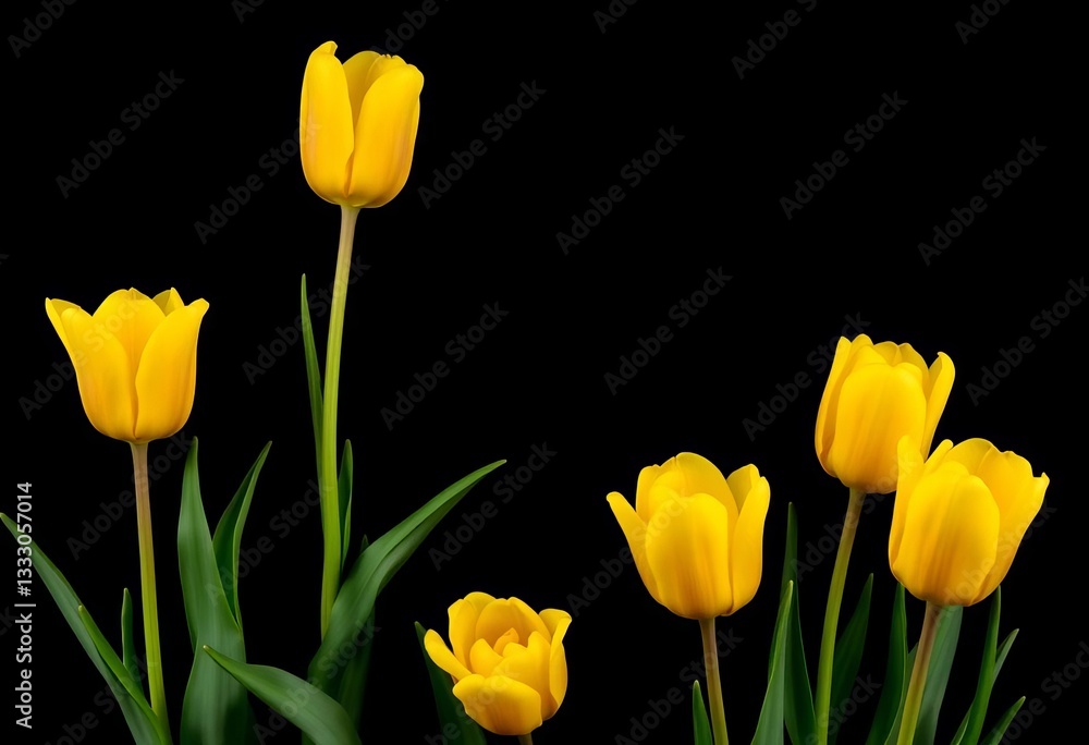 Fototapeta premium Vibrant yellow spring tulips against a stark black backdrop, background, bloom