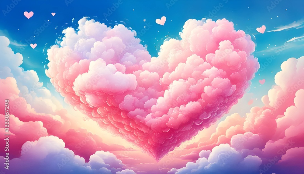 Heart Shaped Pink Clouds Floating in Blue Sky with Smaller Hearts Heart Shaped Pink Clouds Floating in Blue Sky with Smaller Hearts