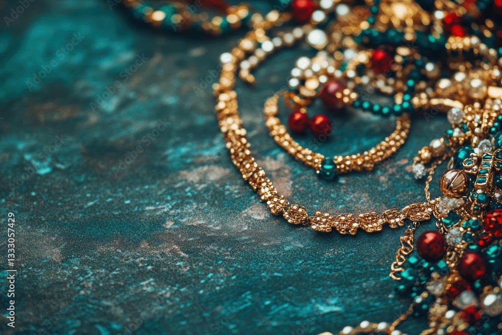 A detailed view of shimmering gold and red beads clustered together. A detailed view of shimmering gold and red beads clustered together.