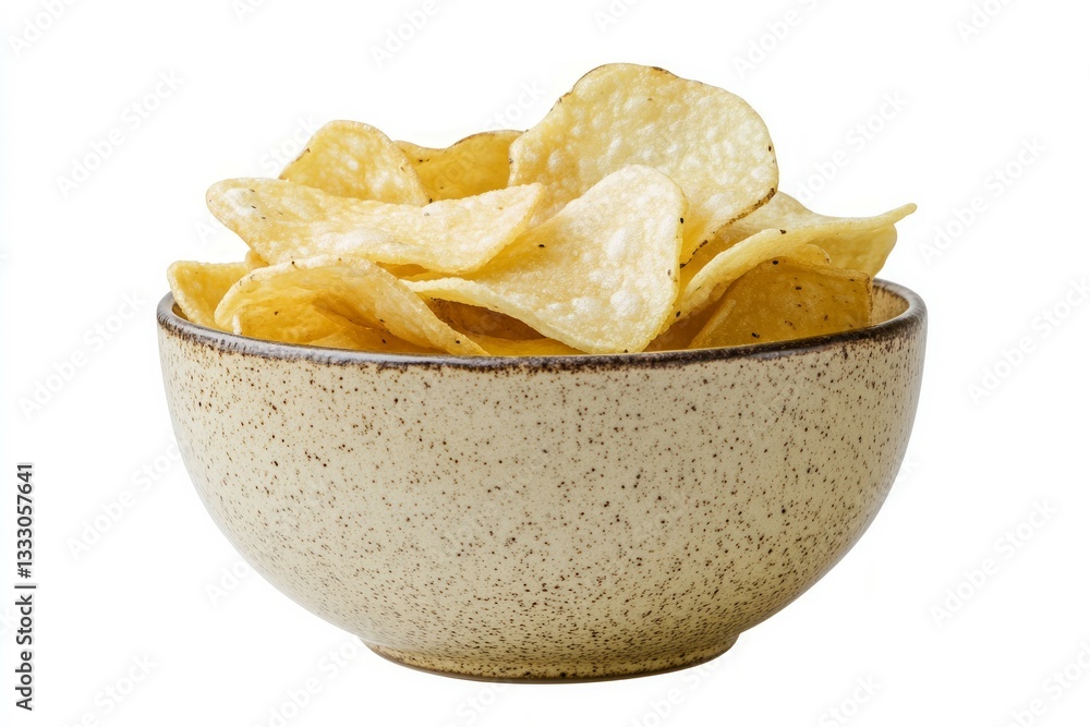 Bowl of crispy potato chips on white background. AI image Bowl of crispy potato chips on white background. AI image