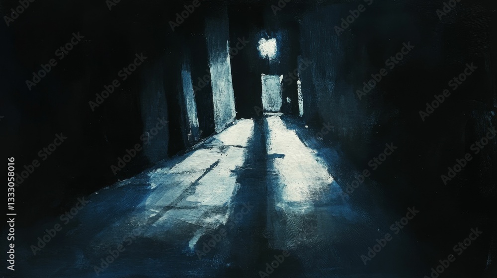 Fototapeta premium Dark hallway illuminated by distant light.