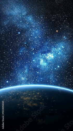 Expansive view of Earth against a backdrop of star-filled cosmos and shimmering galaxies