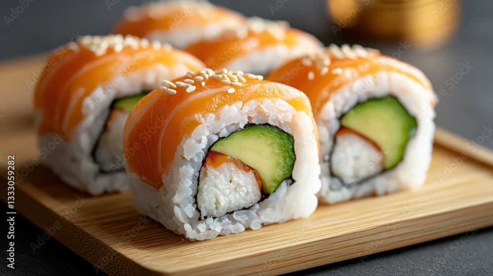 Salmon Avocado Sushi Rolls on Wooden Plate Salmon Avocado Sushi Rolls on Wooden Plate