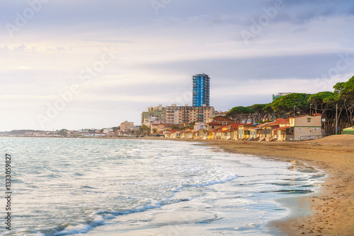 Fototapeta Naklejka Na Ścianę i Meble -  Follonica coast, town skyline and seafront view. Tuscany, Italy