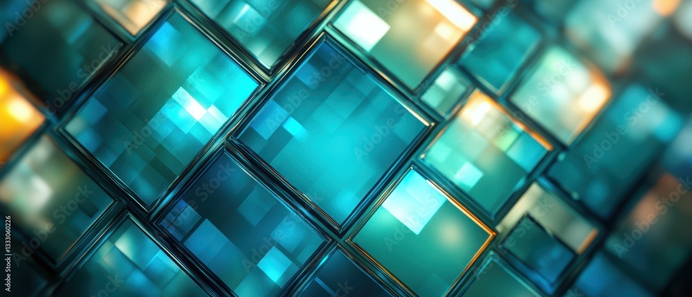 A detailed view of a blue and green glass wall featuring square patterns. A detailed view of a blue and green glass wall featuring square patterns.
