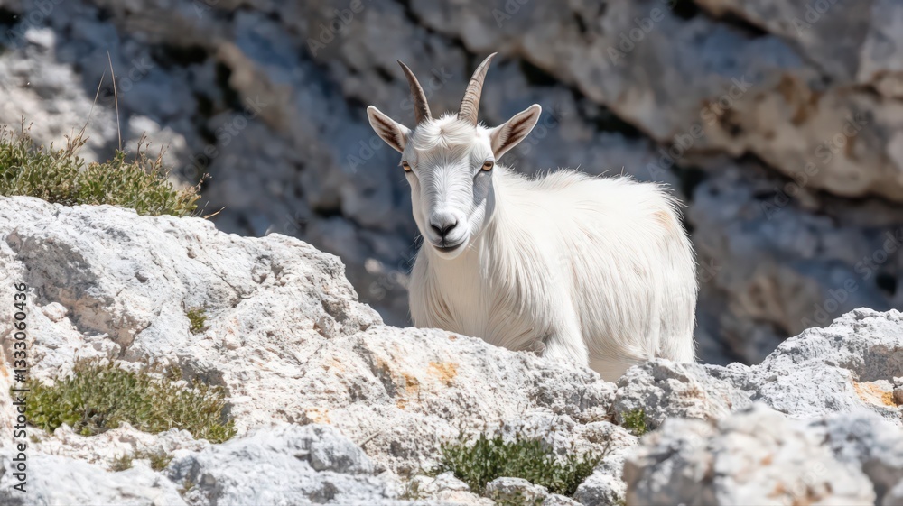 Obraz premium Young White Mountain Goat on Sunlit Rocks