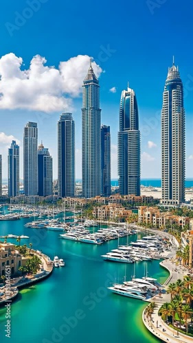 View of luxury marina and skyscrapers in Dubai under clear blue sky with vibrant water and white yachts during daylight
