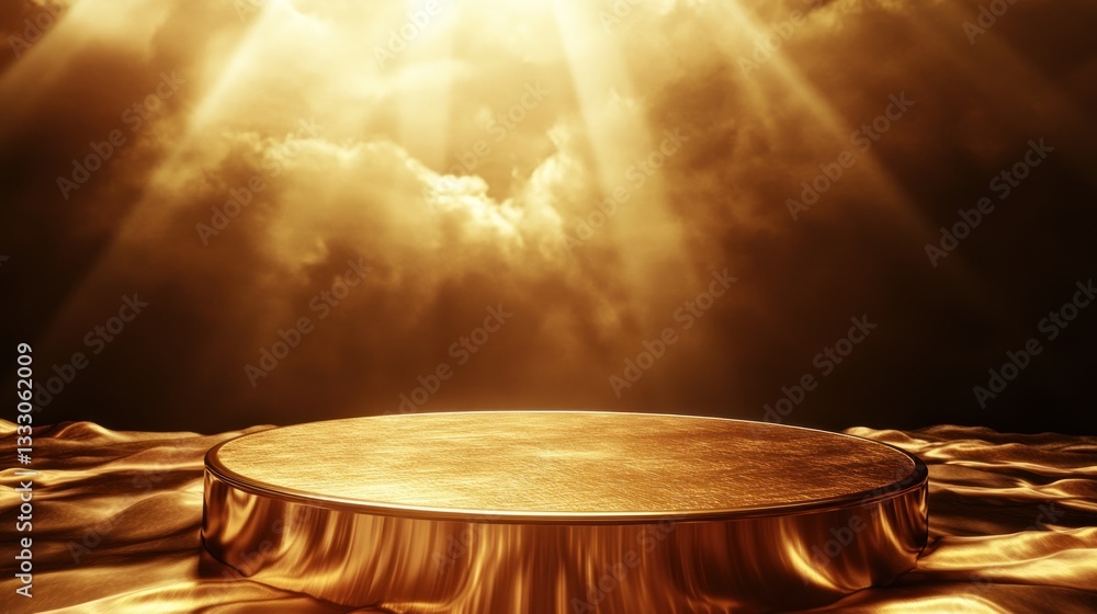 Fototapeta premium Golden stage podium with dramatic light rays illuminating the elegant scene