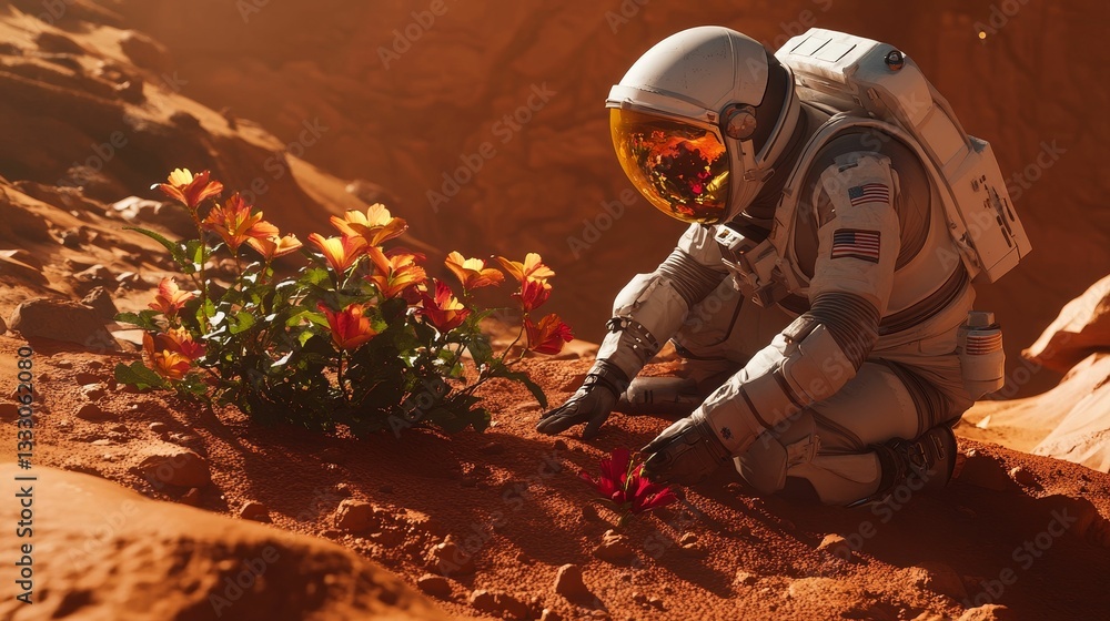 Astronaut tends vibrant flowers on a red planet Astronaut tends vibrant flowers on a red planet