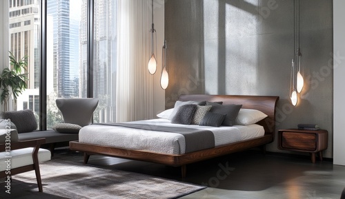Modern Bedroom Interior Featuring a Wooden Bed and City View