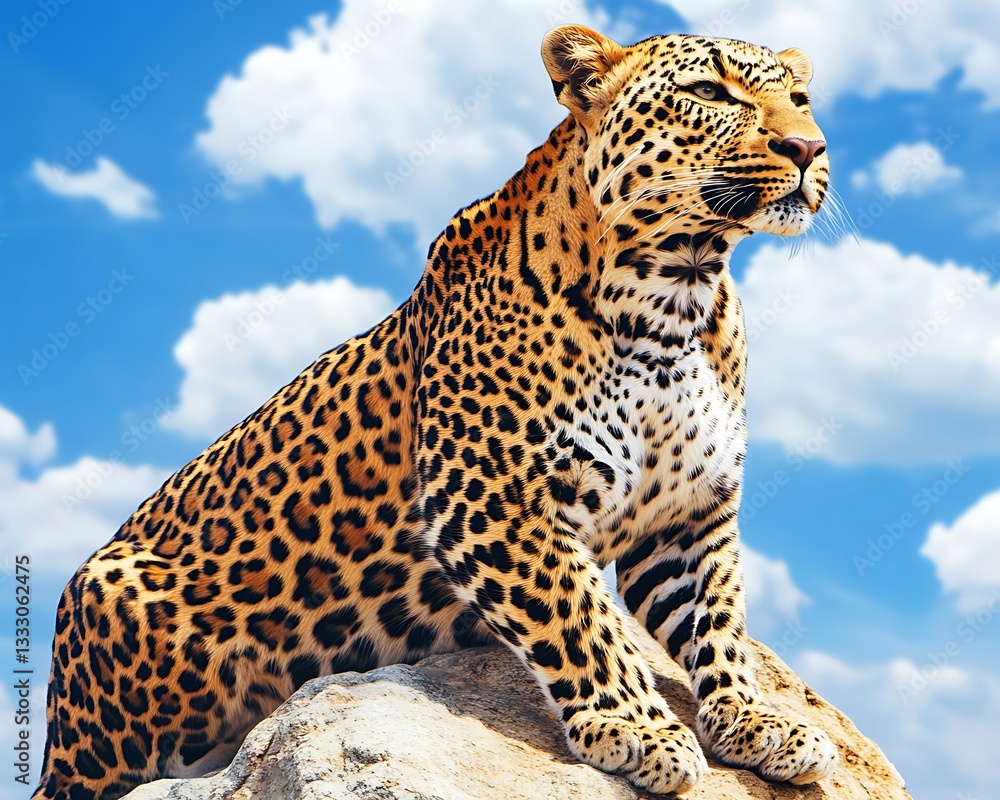 Naklejka premium Leopard Perched for African Savanna, Sunny Sky.