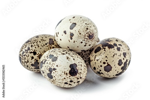 Cluster of speckled quail eggs on white background. AI image