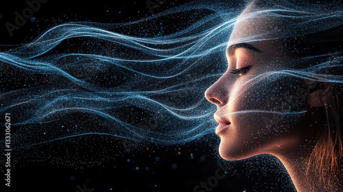 Ethereal flow of energy in portrait photography studio digital art dark environment close-up view visual concept