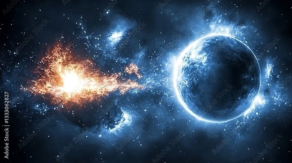 Obraz premium A distant planet and a bright cosmic explosion in space