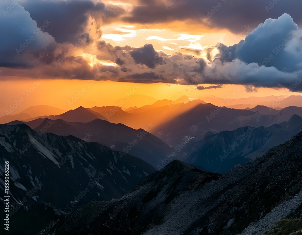 Fototapeta premium Dramatic Mountain Peaks Landscape at Golden Hour with Clouds and Sunlight