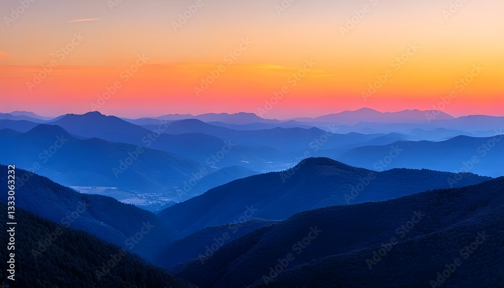 Mountain Range Landscape at Colorful Sunset with Rolling Blue Hills Mountain Range Landscape at Colorful Sunset with Rolling Blue Hills