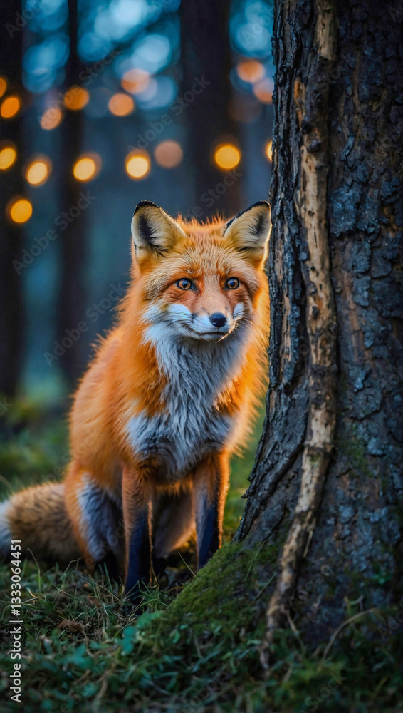 Obraz premium Fluffy fox peeking from behind a tree, surrounded by glowing lights