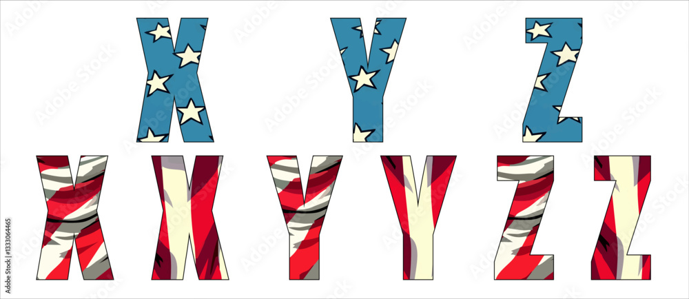Vector font on background
of national flag of usa.
A set of letters of english alphabet XYZ with
american pattern of stars and stripes for
clothing, fabric, textile, paper, inscription on t-shirt. Vector font on background
of national flag of usa.
A set of letters of english alphabet XYZ with
american pattern of stars and stripes for
clothing, fabric, textile, paper, inscription on t-shirt.