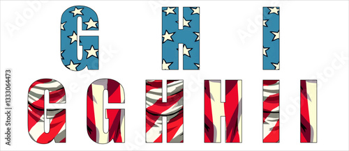 Vector font on background 
of national flag of usa.
A set of letters of english alphabet GHI with
american pattern of stars and stripes for
clothing, fabric, textile, paper, inscription on t-shirt.
