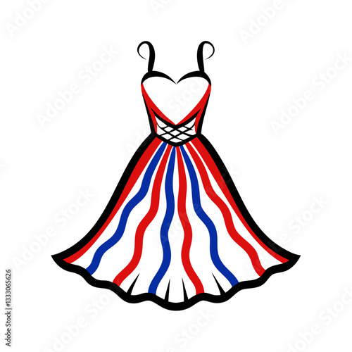 Fashionable evening gown icon with red, white, and blue stripes, style concept