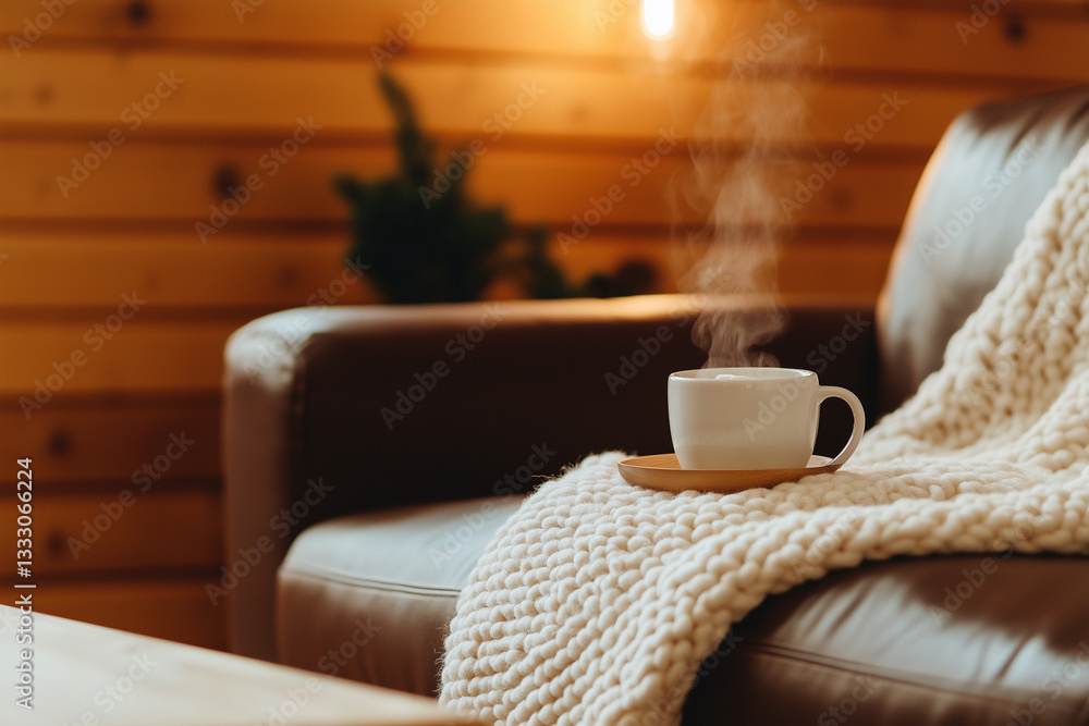 Gemütliches Setting mit dampfender Tasse auf einem warmen Sofa
Gemütliches Setting mit dampfender Tasse auf einem warmen Sofa