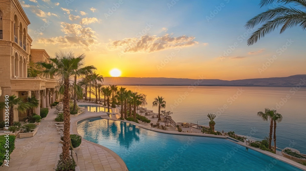 Fototapeta premium Aerial view of a serene pool surrounded by palm trees during a vibrant sunset.