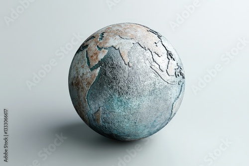 Fototapeta Naklejka Na Ścianę i Meble -  A textured metallic globe depiction of the earth on a white surface