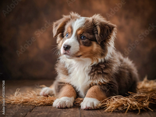Fluffy puppy on a brown background, Miniature American Shepherd