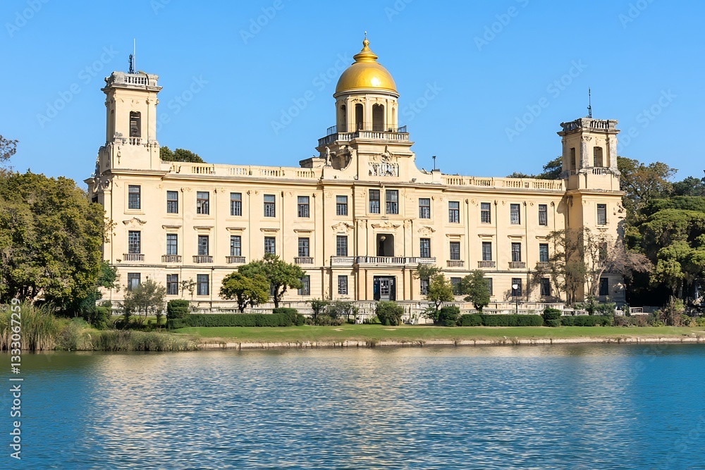 Fototapeta premium Lakeside Palace for Sunny Day, Park Setting.