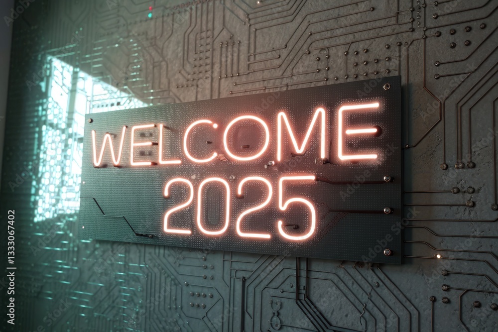 Obraz premium Neon Sign Welcoming the New Year 2025 on a Futuristic Tech Background