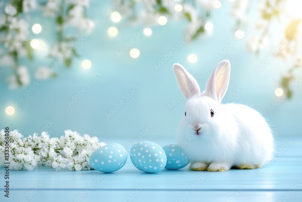 Fototapeta premium A white rabbit sits beside blue eggs in a charming spring scene.
