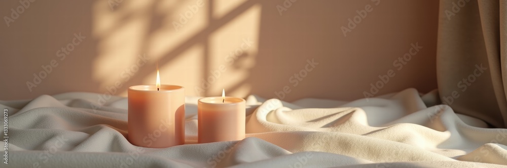 Soft-lit candles on a draped fabric surface create a warm, inviting atmosphere, perfect for wellness, home decor, or relaxation-themed projects. Soft-lit candles on a draped fabric surface create a warm, inviting atmosphere, perfect for wellness, home decor, or relaxation-themed projects.